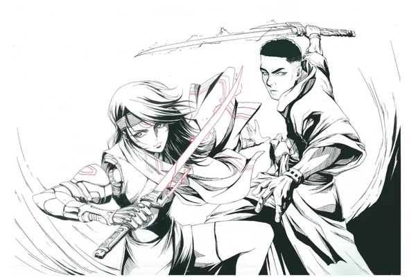 Black and white illustration of a man and a woman, each holding a katana in a fighting stance. The woman has a robotic arm.