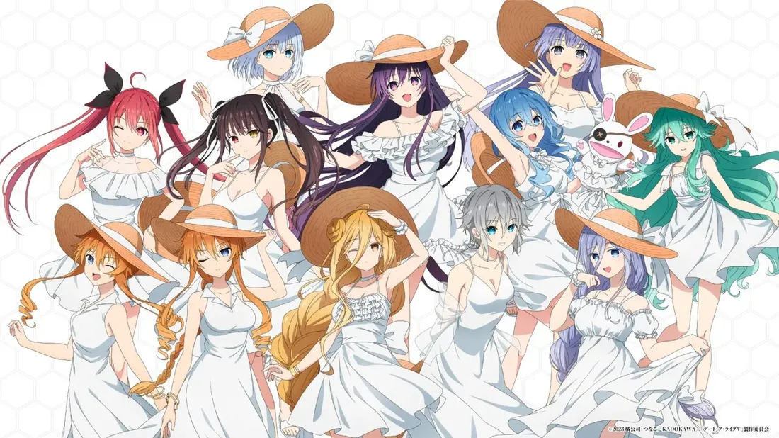 Promotional artwork featuring a group of twelve anime-style female characters, all depicted in summer attire. Each woman is wearing a flowing white sundress and a large straw sunhat in varying shades of beige. Their hair colors and styles are diverse, ranging from long, vibrant red and purple to shorter, lighter shades of blonde, blue, and gray. The characters are posed dynamically, with some playfully interacting and others striking more elegant poses. One character in the center, with long, golden-blonde hair, has her hand raised in a cheerful wave. A small, white rabbit plushie is visible near the center of the group. The background is a simple, stylized pattern of pale gray hexagons. The overall artistic style is bright, vibrant, and characteristic of modern anime promotional art. The text at the bottom appears to be Japanese copyright information.