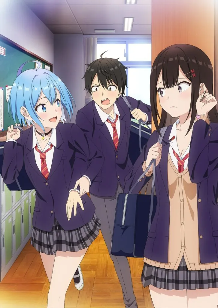 a girl with blue hair and a girl with black hair talking to a boy in the school hallway