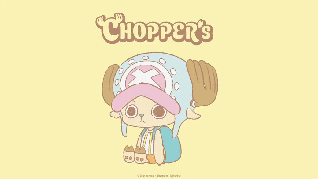 A cute, chibi-style illustration of Chopper, the reindeer doctor from One Piece, sits against a pale yellow background.  Chopper is wearing his signature blue and pink reindeer hat with a large white 'X' in the center. He's also dressed in a yellow and white striped shirt and a light blue backpack. His paws are visible, appearing as small, brown mittens. His expression is somewhat neutral, almost slightly pensive. The title 'CHOPPER'S' is prominently displayed in a stylized, retro font above Chopper. The overall artistic style is soft, pastel-colored, and reminiscent of children's illustrations or kawaii anime aesthetics.  A small copyright notice is visible at the bottom.