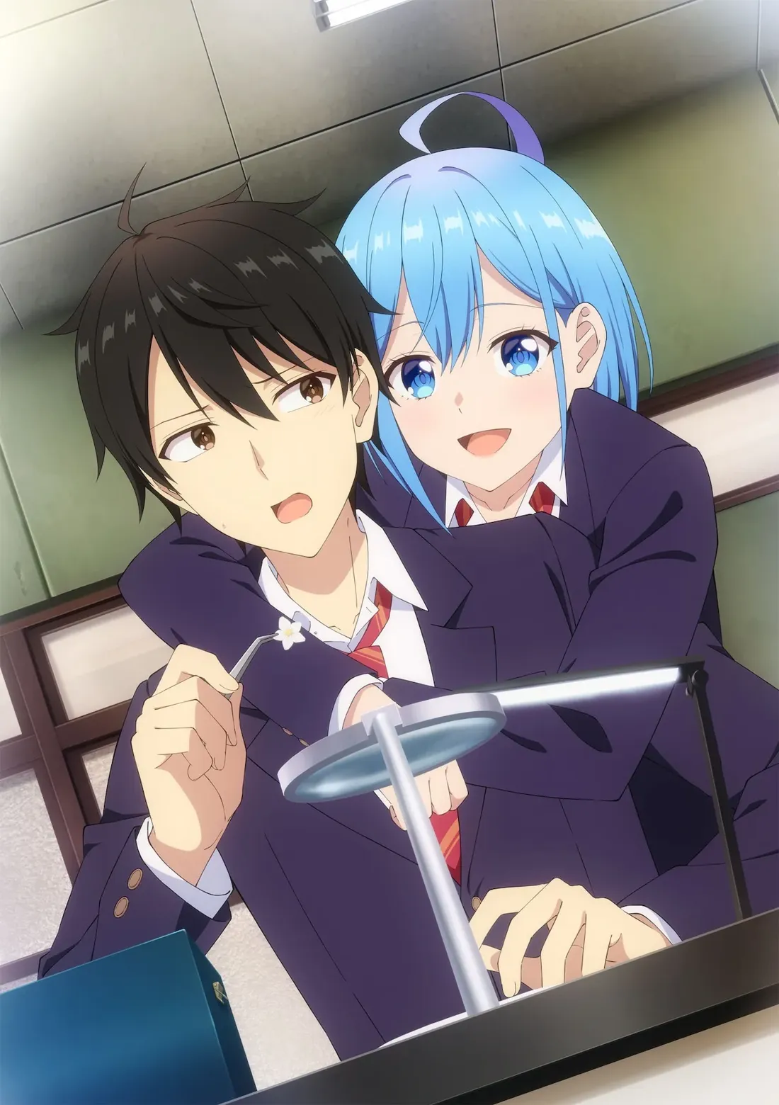 Danjoru 3rd key visual: A black-haired guy holding a small flower with a pair of tweezers while a blue-haired girl hugs him from behind. Both are in a school setting.