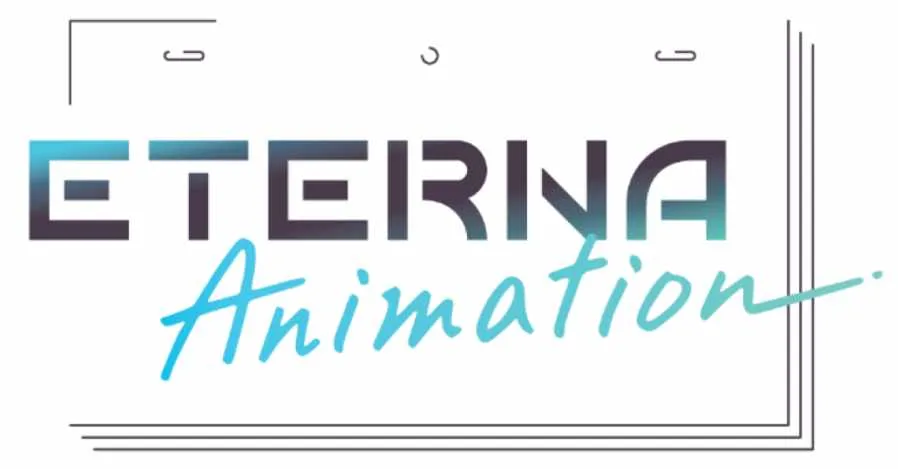 Logo for Eterina Animation. The word 'ETERINA' is displayed in bold, uppercase, sans-serif letters with a dark teal to light teal gradient.  Below it, the word 'Animation' is written in a stylized, cursive script font in a light teal color. The logo is framed by thin, dark gray lines forming a rectangular border with subtle design elements at the corners. The overall style is modern and clean, with a gradient color scheme suggesting technology or futurism.
