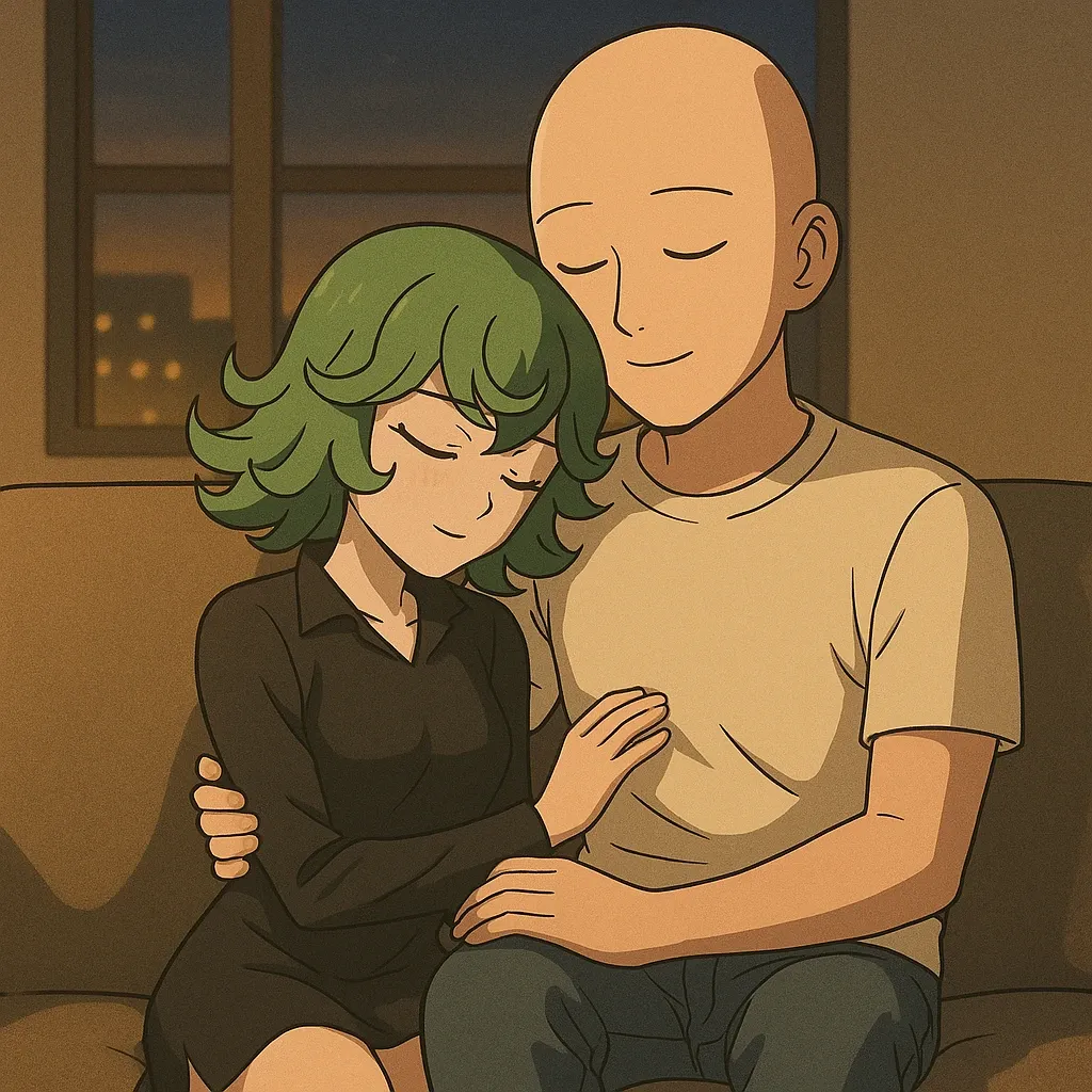 Anime-style illustration of Saitama from One Punch Man and Tatsumaki (Fubuki's sister) cuddling on a couch. Saitama, bald with a serene expression, wears a light beige t-shirt and dark blue jeans. Tatsumaki, with bright green, spiky hair, is leaning against him, eyes closed. She's wearing a dark brown, long-sleeved collared shirt and her hands rest gently on Saitama's chest.  Saitama's arms are around her, protectively. The background shows a dimly lit room with a window revealing a cityscape at night. The overall style is reminiscent of a comic book, using muted, sepia-toned colors.