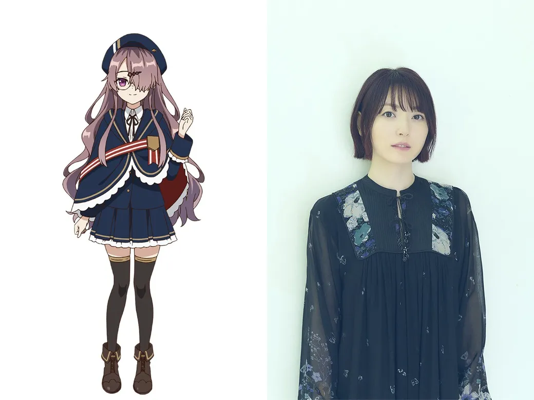 A split image showing an anime character and her voice actress.  On the left, an anime-style illustration depicts a young girl with long, wavy lilac hair, wearing a dark blue school uniform consisting of a pleated skirt, a navy jacket with gold detailing, and a dark blue cape with red and gold accents. She also sports a dark beret, knee-high black stockings, dark brown boots, and purple-rimmed glasses, partially obscuring her right eye. She is presented in a three-quarter view, with one hand gently raised. Her expression is demure. The artistic style is reminiscent of modern anime character design. On the right, a photograph of a young woman with short, dark brown hair, wearing a loose-fitting black blouse with a subtle floral pattern. She is positioned against a plain, light-colored background. The woman's expression is calm and neutral. The overall style of the image is a side-by-side comparison of a fictional character and her real-life voice actress.