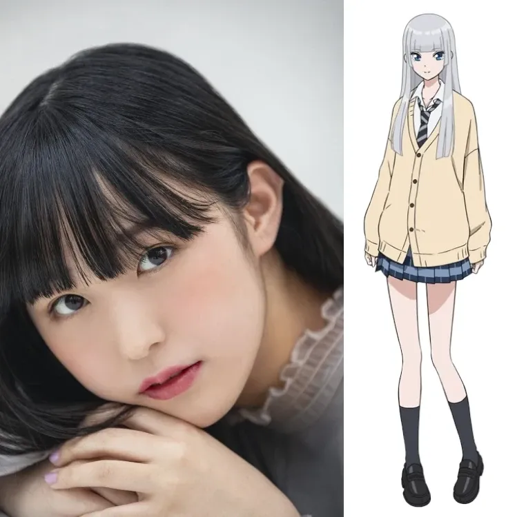 A split image showing a live-action photo of a young woman on the left and an anime-style illustration of a female character on the right. The live-action photo depicts a young woman with long, straight black hair with blunt bangs that fall just above her eyes. She has fair skin and is wearing a light grey, ruffled-collar top. Her hands are gently resting on her chin, and she gazes directly at the camera with a soft, neutral expression. The anime character on the right is depicted in a similar style, with long straight silver hair parted in the middle. She's wearing a light beige cardigan over a dark blue and grey plaid mini-skirt, a dark tie, and dark socks and shoes. The anime style is clean and modern, with minimal shading and a focus on clear lines. The background behind the live-action photo is a simple, out-of-focus light grey, while the anime character is set against a plain white background. The image likely shows a voice actress alongside the character she voices in an anime.