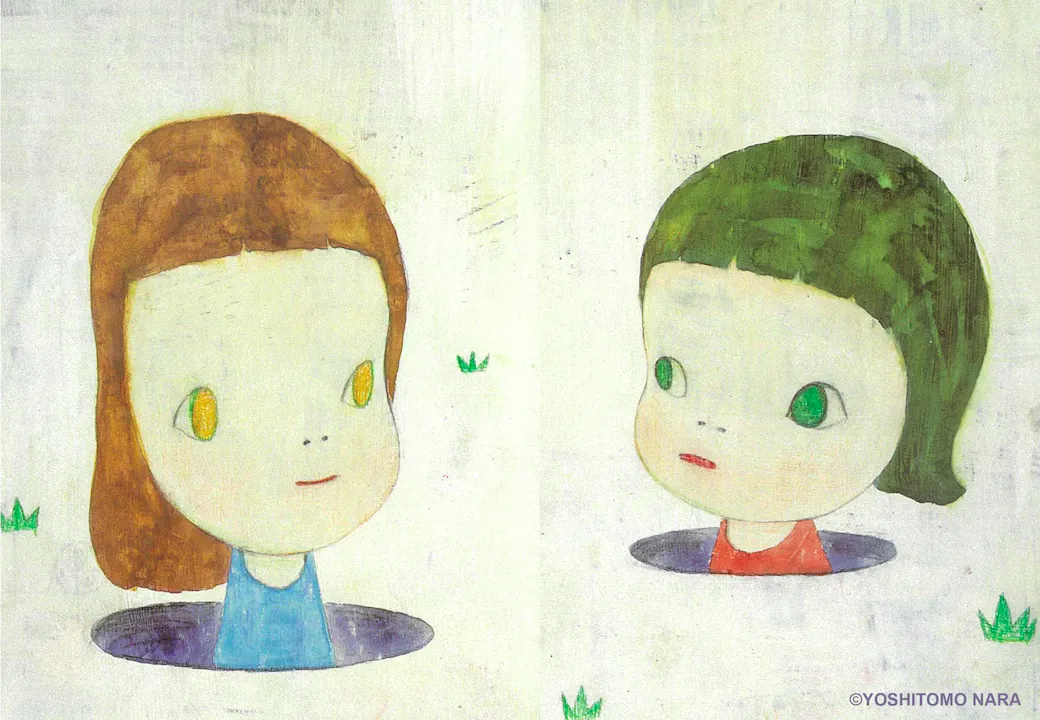 A whimsical artwork by Yoshitomo Nara depicts two childlike figures, their heads emerging from separate holes in a light beige ground. The figure on the left has shoulder-length brown hair and is wearing a light blue shirt.  The figure on the right has short, dark green hair and sports a red shirt. Both figures possess large, expressive eyes – one pair yellow-gold, the other green – and simplified features, characteristic of Nara's style.  Their expressions are subtly different, suggesting a quiet interaction or contemplation. The background is a textured off-white with small, stylized green leaf motifs scattered sparsely. The overall artistic style is childlike but with an underlying sophistication, representative of Yoshitomo Nara's distinctive blend of naivete and melancholy. The artist's copyright is visible in the lower right corner.