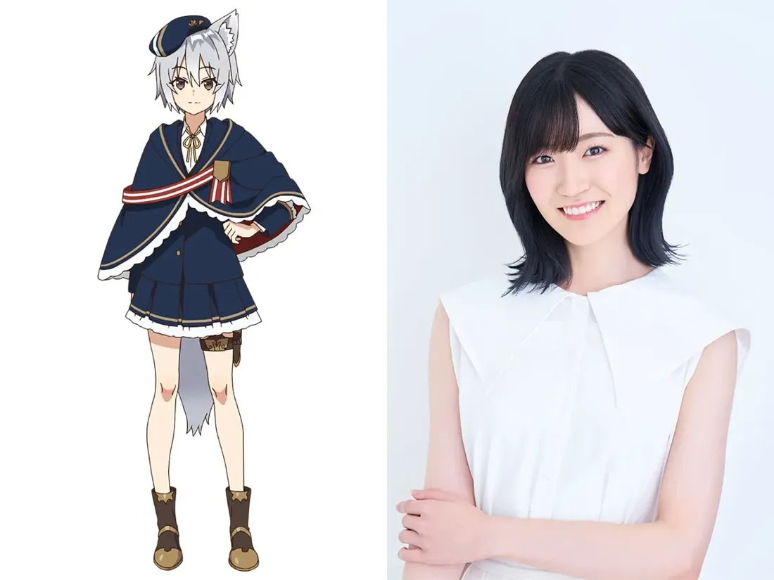 A split image showcasing an anime character design and the voice actress.  On the left, an anime-style illustration depicts a young female character with short, silvery-gray hair, wolf ears, and a navy blue sailor-style uniform.  The uniform includes a pleated skirt, a cape with red and white accents, and brown boots. She also wears a dark-colored hat. Her posture is upright, and her hands are gently placed at her hips. The style is reminiscent of modern anime character design. On the right, a photograph shows the real-life Japanese voice actress, with shoulder-length black hair styled with bangs, wearing a simple, sleeveless white top. She is smiling gently and has her arms crossed across her chest against a plain, light background. The image likely represents promotional material for an anime series or film.