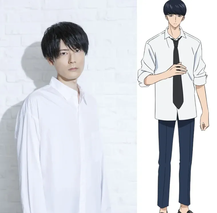 A split image showing a live-action photograph of a young man on the left and an anime-style illustration of a male character on the right. The live-action photo depicts a man with short, dark hair, wearing a loose-fitting, long-sleeved white button-down shirt. He has a serious expression and appears to be standing against a white brick wall background. The anime illustration shows a character with similar dark hair, styled in a slightly more structured manner. This character is dressed in a crisp white long-sleeved button-down shirt, a dark-colored tie, and dark-colored trousers. He stands with his hands clasped near his chest and looks straight ahead with a neutral expression. The artistic style of the anime character is clean and modern with distinct outlines. The overall image likely represents a comparison between the live-action actor and his anime character counterpart.