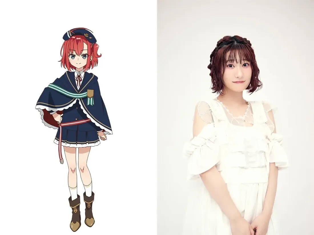 A split image showing an anime character and her voice actress. On the left, a stylized anime girl with short, bright red hair and bangs, wearing a dark blue sailor-style uniform with a teal and gold capelet and brown boots. She stands with her hands on her hips, exhibiting a confident pose. The art style is characteristic of modern anime. To the right, a photograph of a young woman with similar short, reddish-brown hair styled in loose waves with subtle braids. She's wearing a white off-the-shoulder dress with ruffles. She has a neutral expression and her hands are clasped in front of her. The background is plain white in both sections of the image.