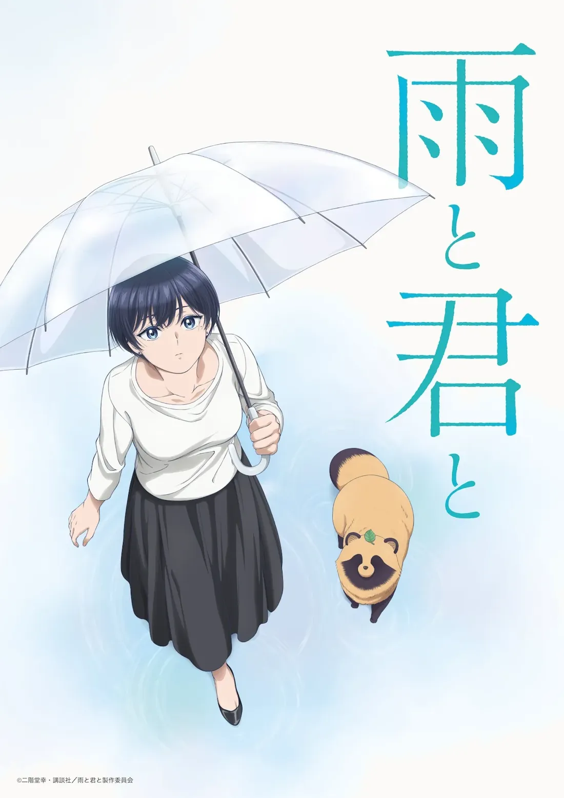 Anime key visual for 'Ame to Kimi to' (雨と君と), depicting a young woman with short, dark blue hair, wearing a long-sleeved white top and a dark, knee-length skirt, holding a transparent umbrella. She is seen from a slightly elevated, overhead perspective, walking in what appears to be a light blue, watery area.  Her expression is serene.  A tanuki (raccoon dog) with a small green leaf on its head sits slightly behind and to the right of the woman.  The background is a soft light blue, suggesting a calm and peaceful atmosphere. The title of the anime, "Ame to Kimi to," is written vertically in elegant Japanese calligraphy in a light teal color to the right of the characters.  The overall style is a clean, contemporary anime aesthetic with a soft color palette.