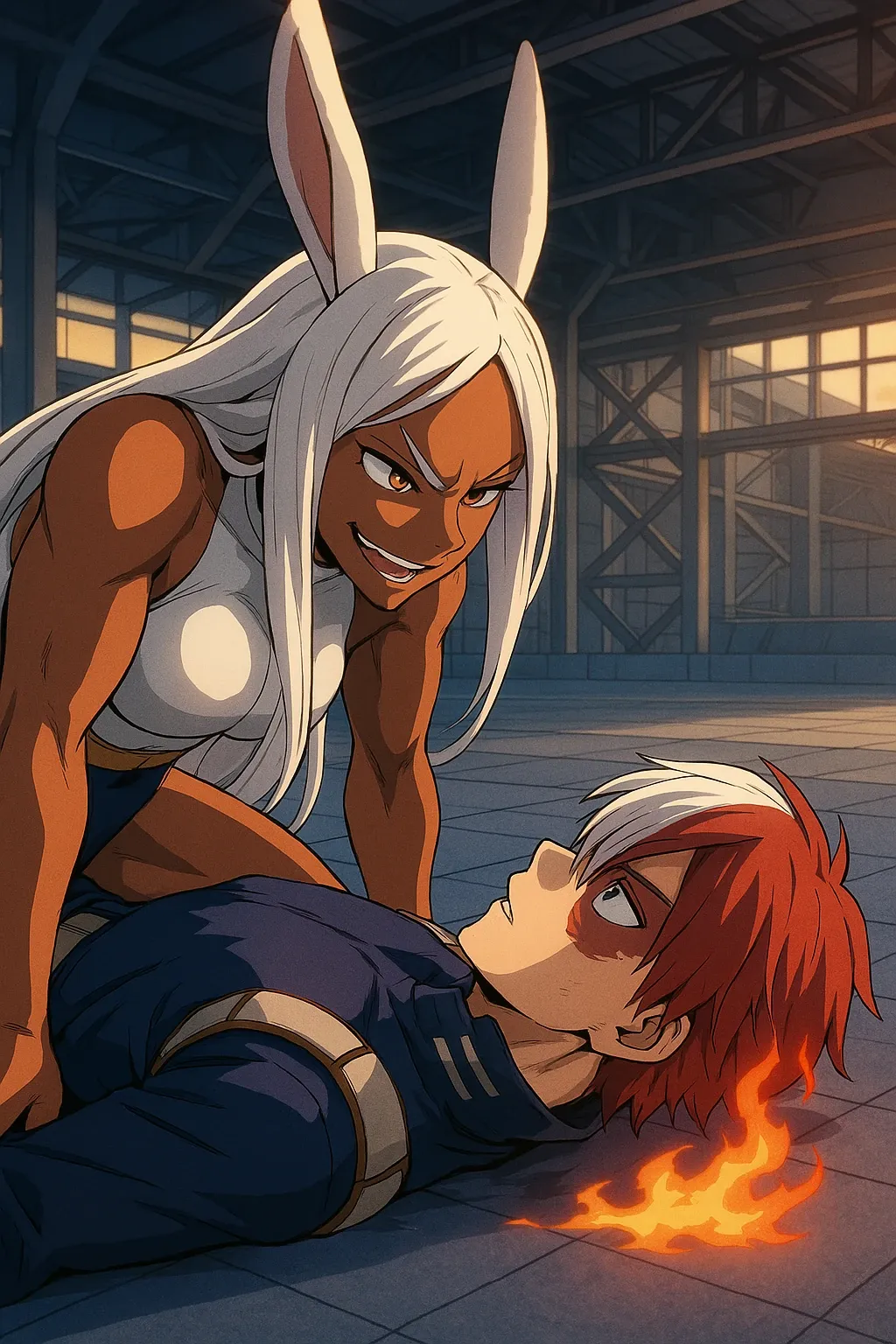 Anime-style illustration depicting Mirko, a muscular woman with long white hair and large rabbit ears, leaning over a prone Shoto Todoroki. Mirko wears a white sleeveless top and dark blue shorts. Her expression is one of intense, slightly amused determination.  Todoroki, with his characteristic half-red, half-white hair, lies on the ground, appearing slightly injured; a small flame emanates from the ground near his head. The background features a dimly lit industrial setting with metal beams and large windows, suggesting an outdoor or warehouse-like environment. The art style is reminiscent of modern anime, with bold lines, vibrant colors, and a focus on character expression and dynamic posing.