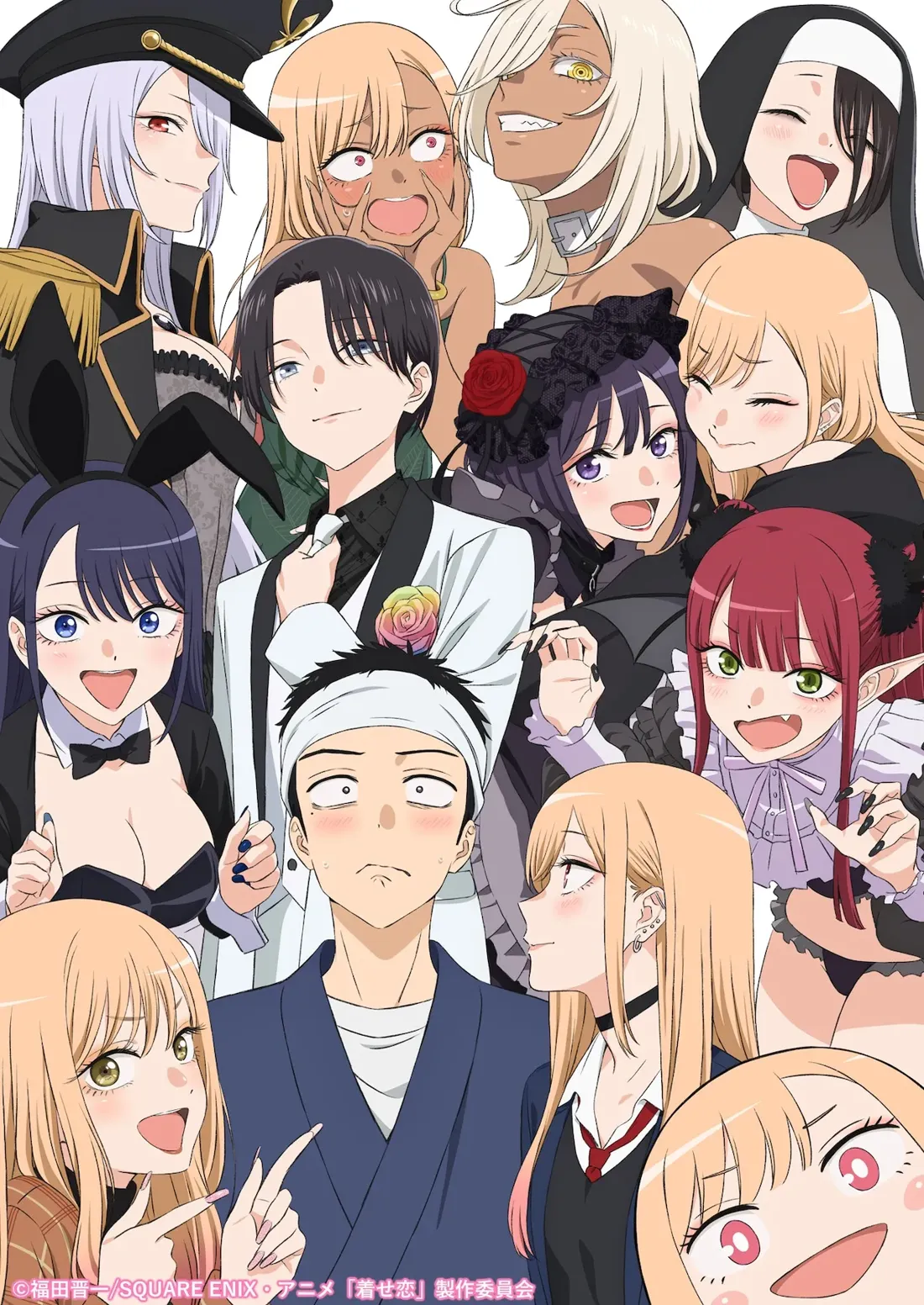 Female protagonist of Sono Bisque Doll wa Koi wo Suru (My Dress-Up Darling) doing different types of cosplay: Soldier, scribe, nun, bunny, butler, game character, succubus, etc... In the center the protagonist gojou.