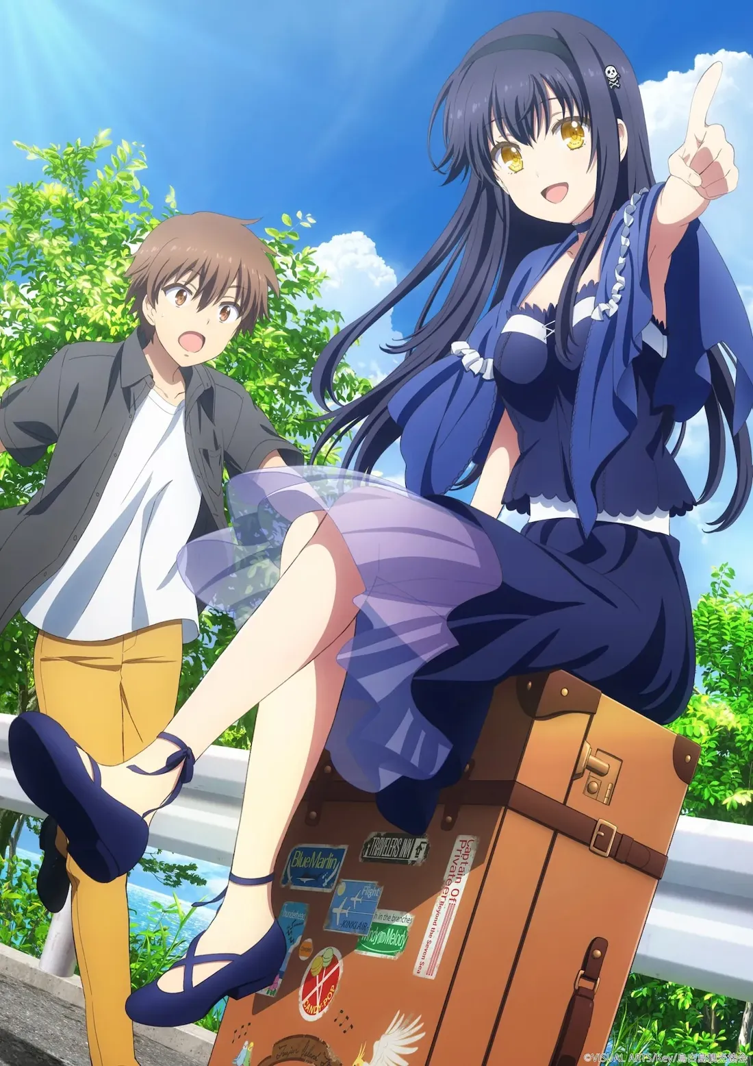 Anime-style promotional artwork depicting two young characters, a girl and a boy, on what appears to be a roadside. The girl, the central focus, has long, straight dark-blue hair, golden eyes, and wears a dark-blue dress with purple layered skirt, accessorized with a dark-blue ribbon in her hair and dark-blue shoes with straps. She is seated atop a vintage-style brown suitcase covered in travel stickers, pointing with her index finger, conveying a sense of excitement or direction. The boy, with short brown hair, wears a dark-grey jacket over a white t-shirt and mustard-yellow pants, stands behind her, seemingly accompanying her. The background showcases a sunny day with lush green trees and a blue sky with fluffy white clouds, suggesting a summer setting. The art style is characteristic of modern anime, vibrant and expressive.