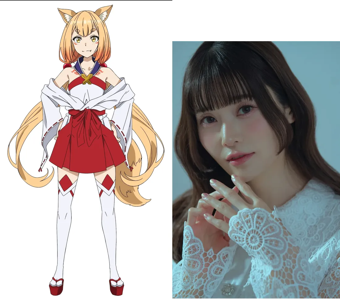 A split image showing an anime character and a live-action actress. On the left, a stylized anime illustration depicts a young woman with long, light blonde hair styled into a bob with fox ears. She has bright yellow eyes and wears a red and white shrine maiden outfit: a short red skirt, a white top with a red obi (sash), and white thigh-high socks with red diamond patterns. The character stands with hands at her sides, appearing calm. Her footwear is red geta (Japanese sandals). The artistic style is characteristic of modern anime. On the right, a photograph shows a young woman with shoulder-length dark brown hair, blunt bangs, and fair skin. She's wearing a white blouse with delicate lace detailing on the sleeves. Her hands are delicately positioned near her face, and she looks directly at the viewer with a soft expression. The background is a muted, out-of-focus light blue. The image likely displays an anime character and the actress portraying her in a live-action adaptation.