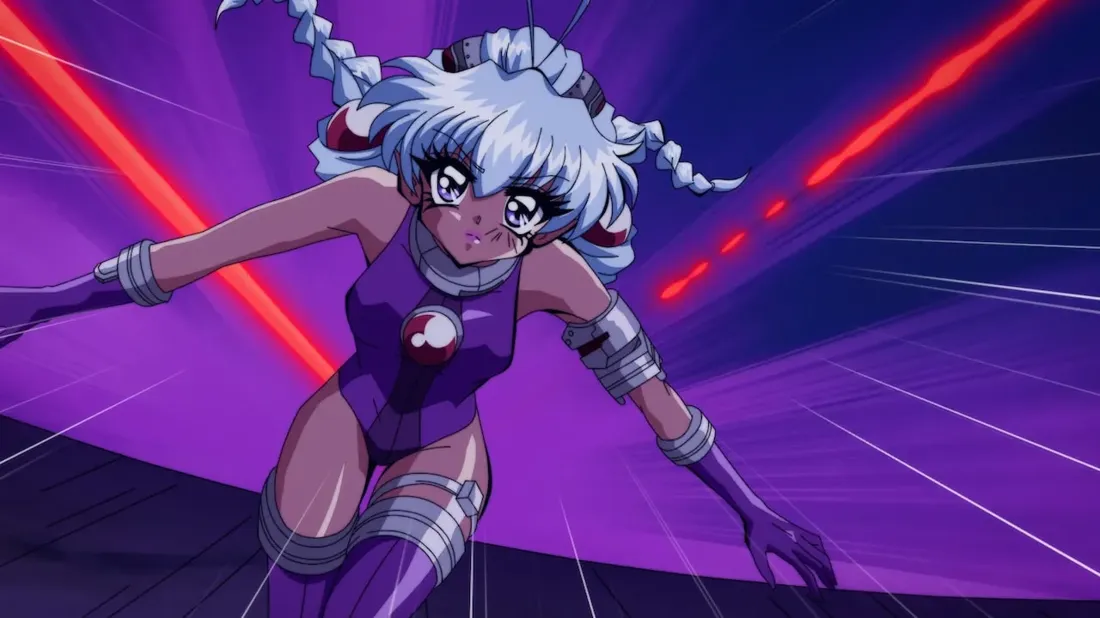 A low-angle, dynamic shot of an anime-style female character in motion. She has pale blue, shoulder-length hair styled in two braided pigtails, and large expressive eyes. Her skin is tan, and she's wearing a form-fitting purple bodysuit with silver accents, including arm guards and thigh-high bands. The suit features a circular emblem on the chest. The character appears to be running or flying forward, her arms outstretched.  The background is a vibrant purple with streaks of motion blur, suggesting speed, and diagonal red energy blasts crossing the frame. The artistic style is reminiscent of 90s anime, characterized by bold outlines, vibrant colors, and a dynamic action pose.