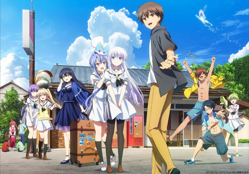 Anime-style illustration showing a group of characters in front of a rural station, under a blue sky with clouds. The protagonist, a young man with brown hair, extends his hand, while several girls and other characters display cheerful and dynamic expressions.