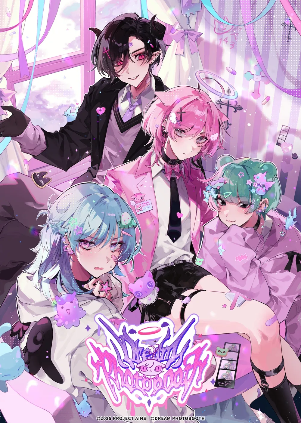 A vibrant illustration in a pastel anime style depicts four stylized characters, possibly representing a band or group. The central focus is a group of three anime-style characters with pastel-colored hair and clothing, styled in a playful and slightly gothic aesthetic.  One character, with short, dark hair and small horns, wears a black blazer over a purple vest and white shirt, accessorized with a dark tie.  They have red eyes and a slightly mischievous expression. To their right is a pink-haired character with cat ears in a pink blazer and black tie, appearing somewhat shy.  To the left and slightly lower is a character with light blue hair, wearing a pale purple hoodie with various cartoonish patches and accessories, and appearing more melancholic. Finally, in the foreground, partially obscuring the lower part of the previous characters, a character with mint green hair wearing lavender clothing sits with their legs visible, adorned with various accessories and band-aids. They also wear black garters and boots.

The background features a bright pink and purple room with a window showing a soft, cloudy sky, ribbons and various decorative elements.  The title "Dreamy Photography" is prominently displayed in a stylized, dripping font in the center, below the characters. The artwork is finished with many small stars and hearts scattered throughout, enhancing its whimsical atmosphere.  The overall style suggests a promotional artwork for a project, possibly related to a band or anime. Copyright information reading "©2025 PROJECT AINS ©DREAM PHOTOBOOTH" is visible at the bottom.