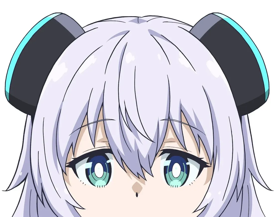 Close-up anime-style portrait of a young girl with long, flowing lavender hair.  She has large, expressive teal eyes and a neutral expression.  On either side of her head are dark gray, almost black, hair accessories with a light teal accent. The style is consistent with modern anime illustration, featuring clean lines and vibrant colors. The background is pure white, focusing all attention on the character's face and hair.