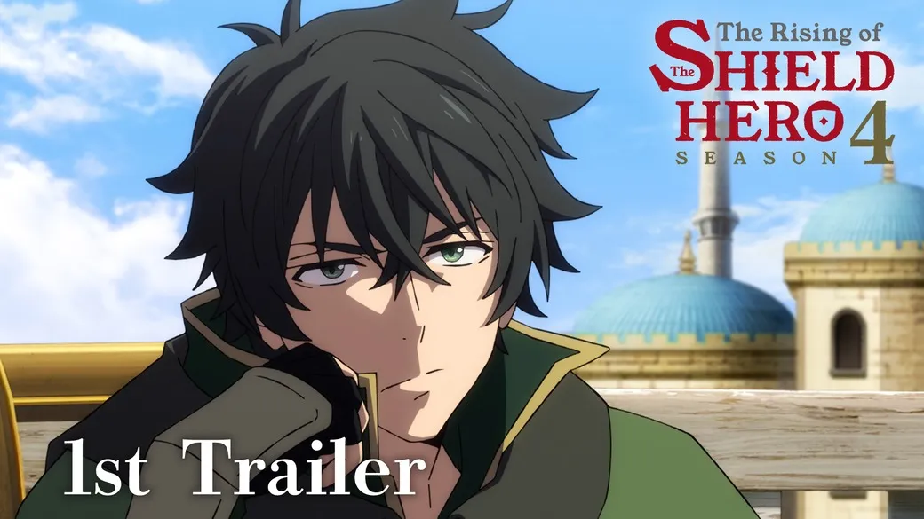 Promotional image for the first trailer of Season 4 of 'The Rising of the Shield Hero' anime. The central focus is Naofumi Iwatani, the Shield Hero, a young man with dark, spiky green hair and green eyes. He has a serious expression and is leaning on his hand, resting his chin. He's wearing a dark green, high-collared jacket with gold accents on the collar and sleeves. The background features a light blue sky and a blurred, out-of-focus cityscape suggestive of a Middle Eastern or Mediterranean setting, including buildings with turquoise domes and minarets. The title card for 'The Rising of the Shield Hero Season 4' is visible in the upper right corner, along with the words '1st Trailer' at the bottom left. The image is in an anime style, characterized by its bold lines, vibrant colors, and stylized character designs.