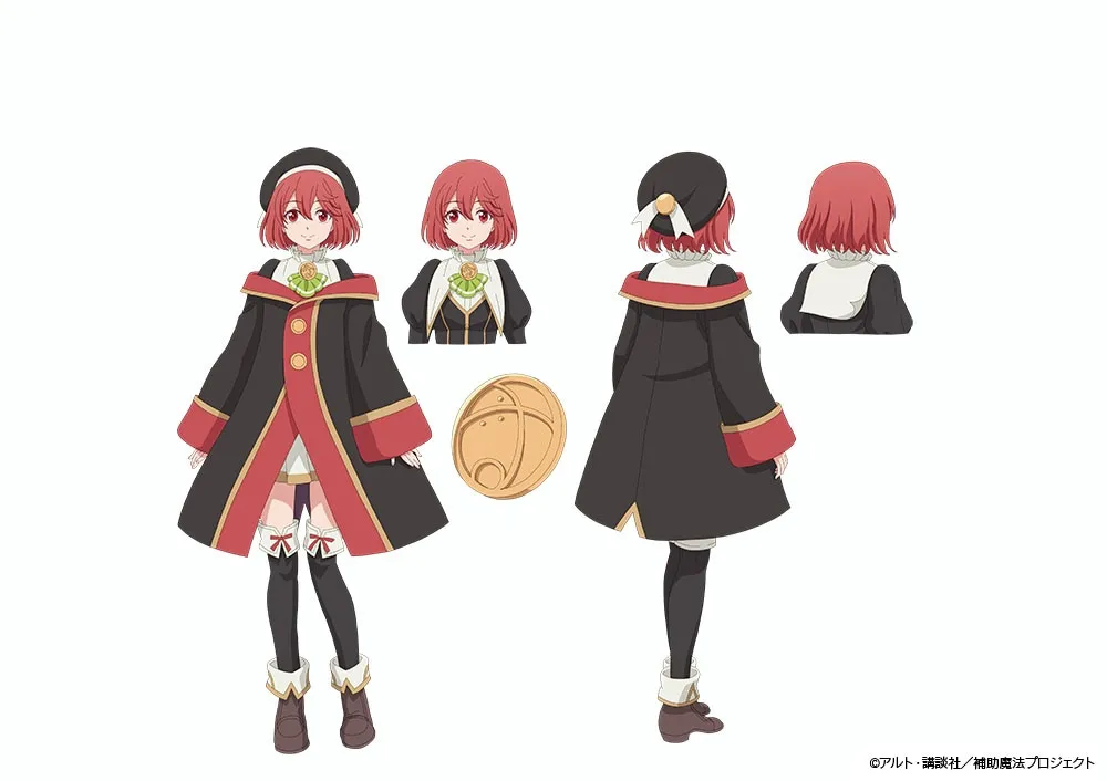 Character design sheet for a female anime character with short, bright red hair and bangs, wearing a long, black coat with red lining and gold buttons, a white and cream-colored underdress, black tights, and brown boots. She is shown from the front and back, along with close-ups of her face and hair.  Her coat has wide sleeves and a slightly flared hemline.  She also wears a small, dark-colored beret with a white bow. A circular, gold emblem is also featured in the design. The style is consistent with anime character design, presenting multiple views for animation reference. The background is plain white.